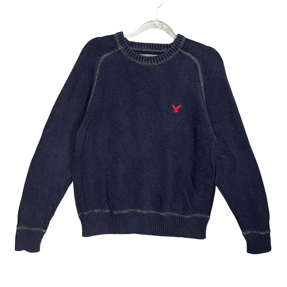 American Eagle Mens Navy Blue Cotton Knit Raglan Crew Sweater Sz M Y2K Indie